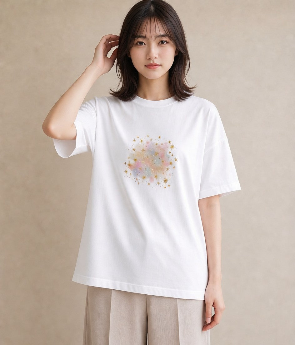 デザインTシャツ レディース 獅子座 星空 宇宙 イラスト アート風 買い物 夏コーデ 白T YMAZO