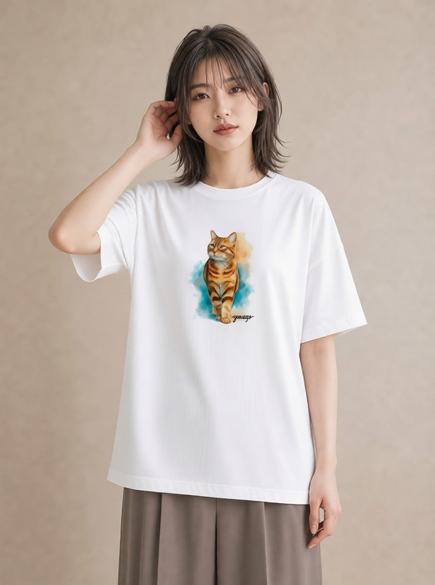 プリントTシャツ レディース メインクーン 猫 ねこ イラスト ゆるかわ 帰省 ラフ 白T YMAZO