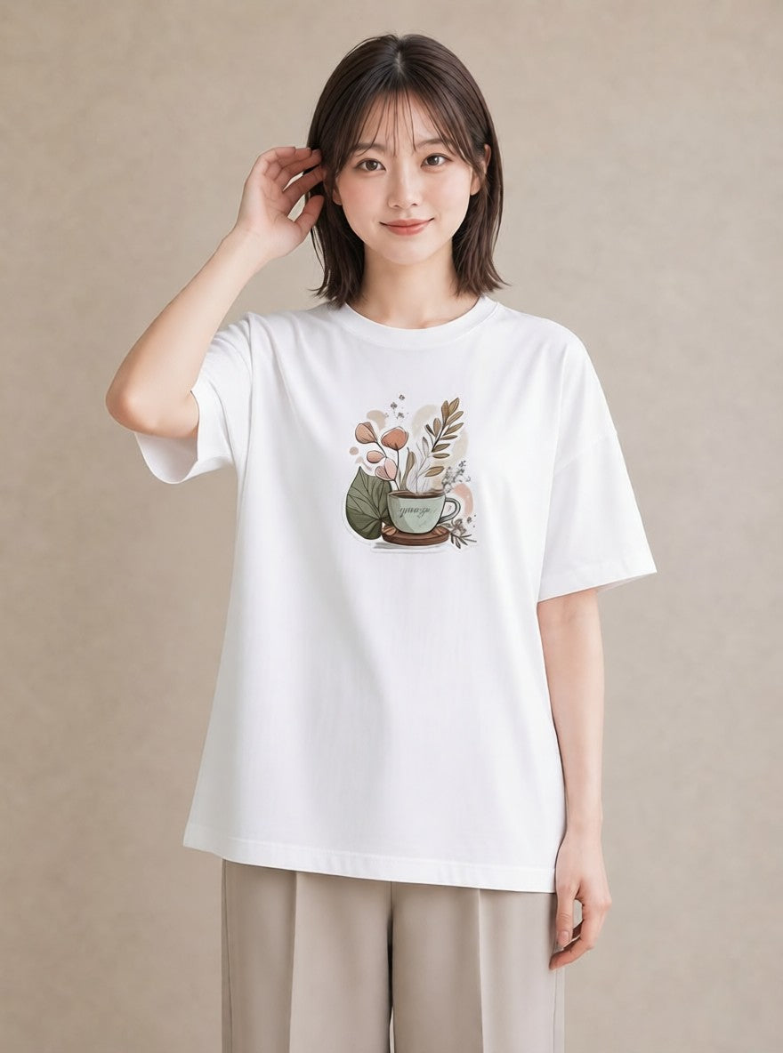 Tシャツ レディース 紅茶 食べ物 フード イラスト きれいめカジュアル お出かけ 普段着 白T YMAZO