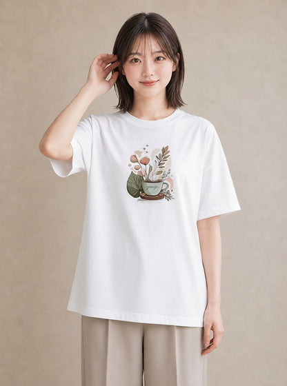 Tシャツ レディース 紅茶 食べ物 フード イラスト きれいめカジュアル お出かけ 普段着 白T YMAZO