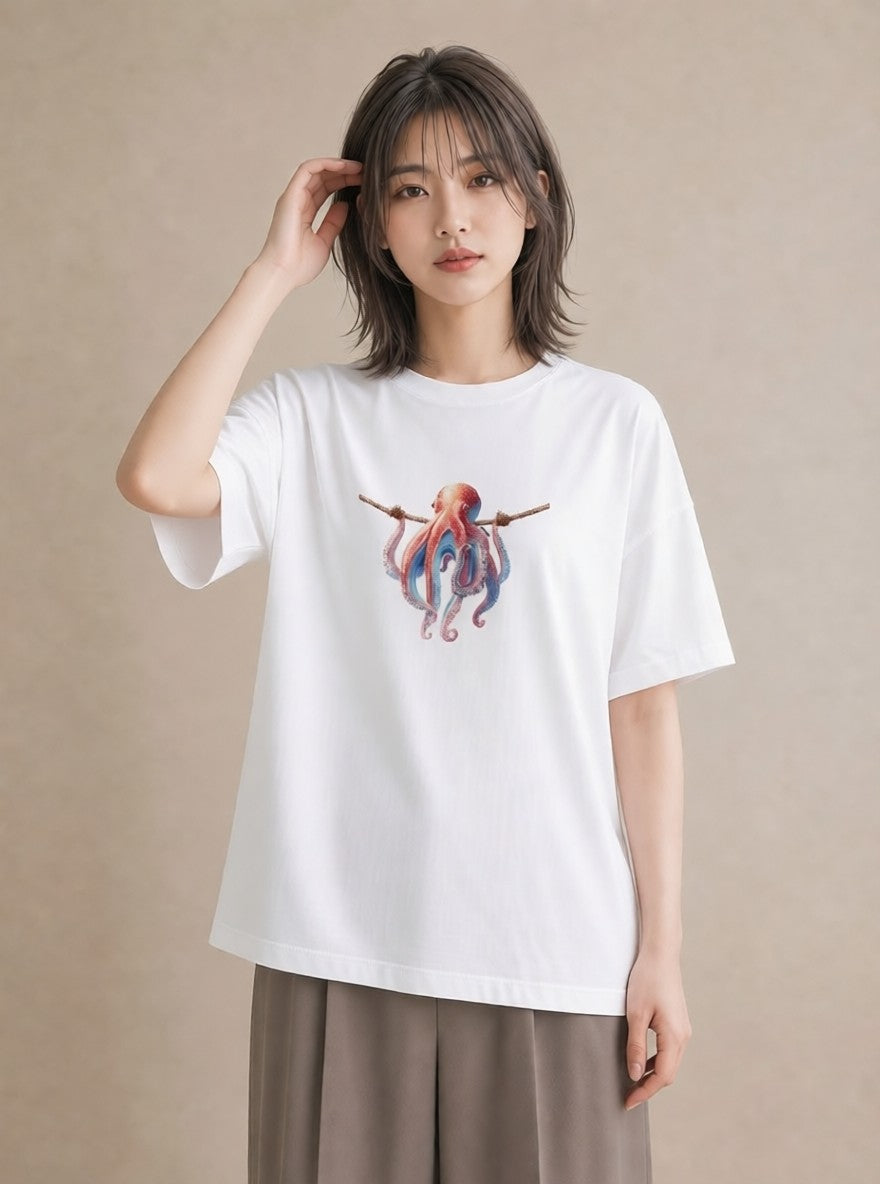 デザインTシャツ レディース イカ 海の生き物 海 イラスト ナチュラル 自分用 ルームウェア 白T YMAZO