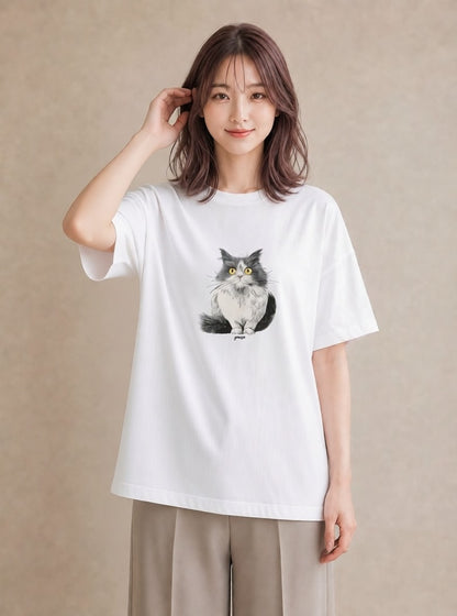 プリントTシャツ レディース メインクーン 猫 ねこ イラスト こなれ感 母娘コーデ 自分用 白T YMAZO