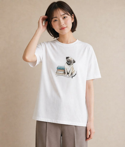デザインTシャツ レディース パグ 犬 いぬ イラスト 韓国風 女子会 お揃い 白T YMAZO