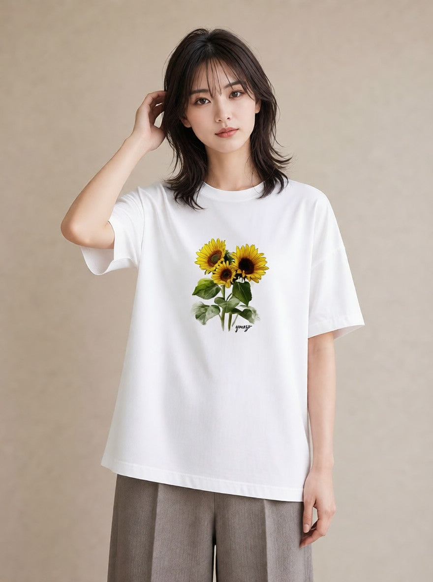 グラフィックTシャツ レディース ひまわり 向日葵 花 花柄 イラスト 手描き風 通学 誕生日プレゼント 白T YMAZO