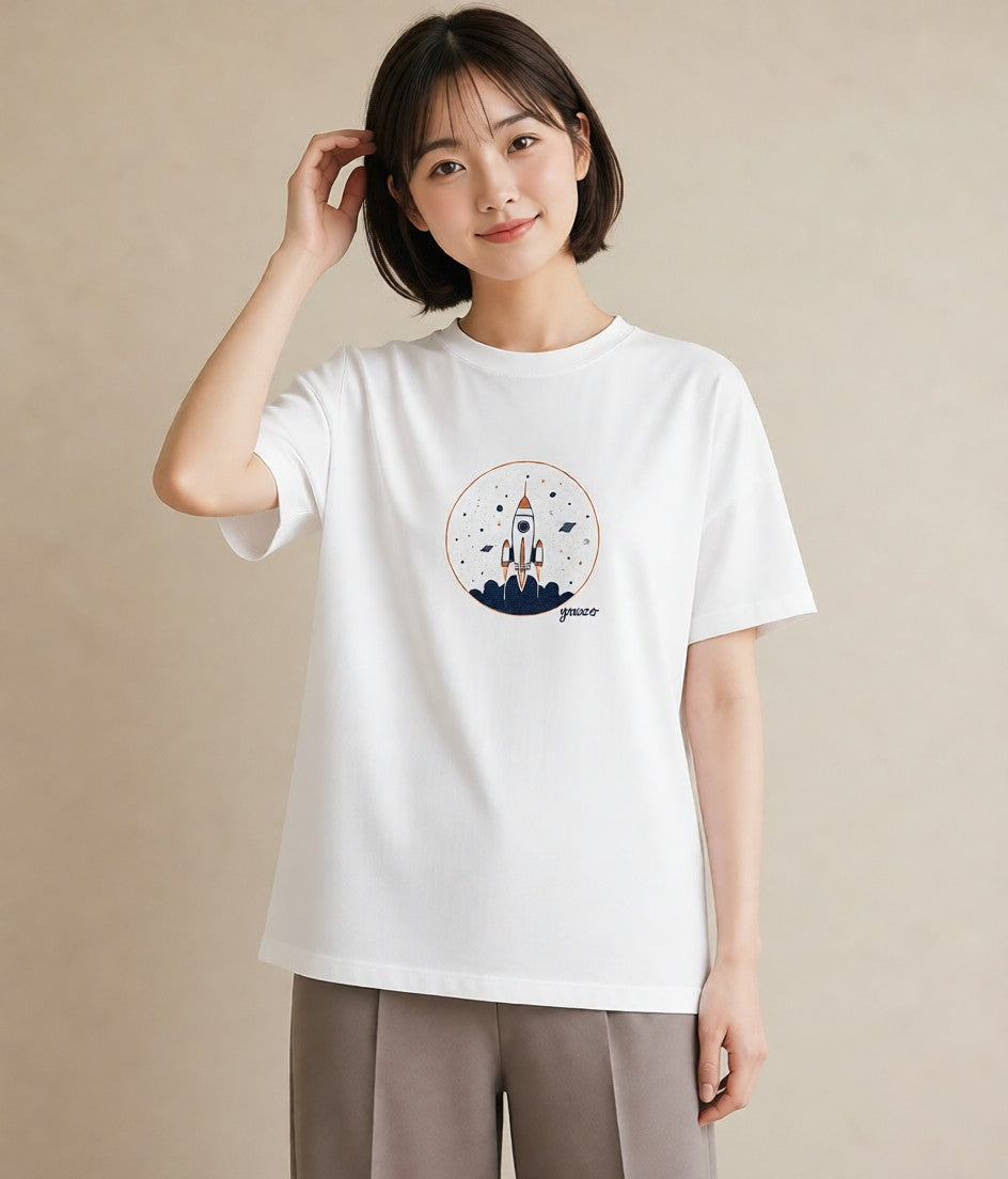 半袖Tシャツ レディース ロケット 星空 宇宙 イラスト ガーリー 買い物 夏コーデ 白T YMAZO