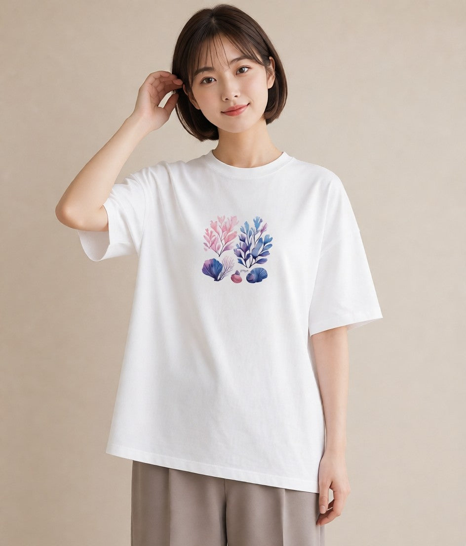 Tシャツ レディース サンゴ 海の生き物 海 イラスト アート風 休日 ペアコーデ 白T YMAZO
