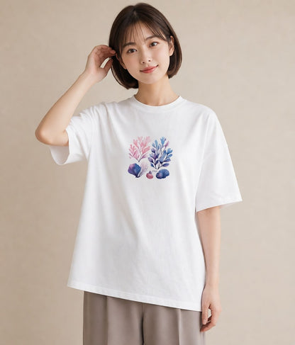 Tシャツ レディース サンゴ 海の生き物 海 イラスト アート風 休日 ペアコーデ 白T YMAZO