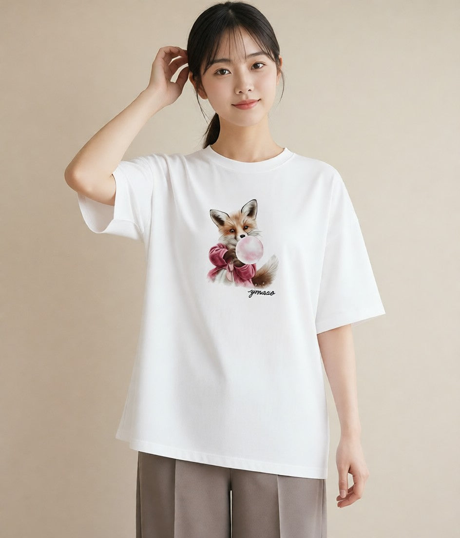 プリントTシャツ レディース きつね 動物 アニマル イラスト ユニーク お出かけ 普段着 白T YMAZO