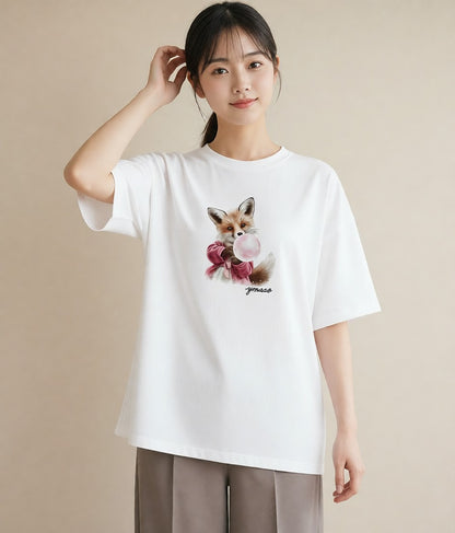 プリントTシャツ レディース きつね 動物 アニマル イラスト ユニーク お出かけ 普段着 白T YMAZO