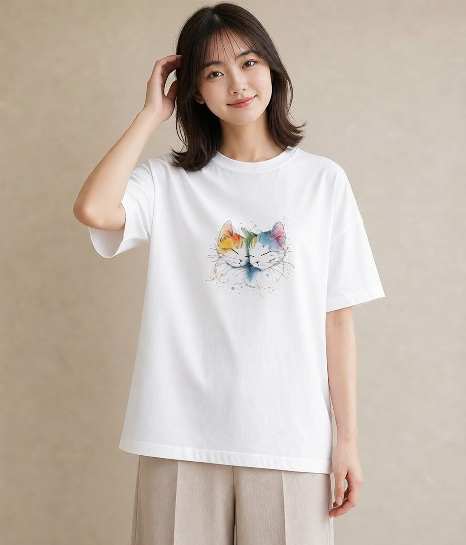 Tシャツ レディース 猫好き 猫 ねこ イラスト 友達ギフト 部屋着 白T YMAZO