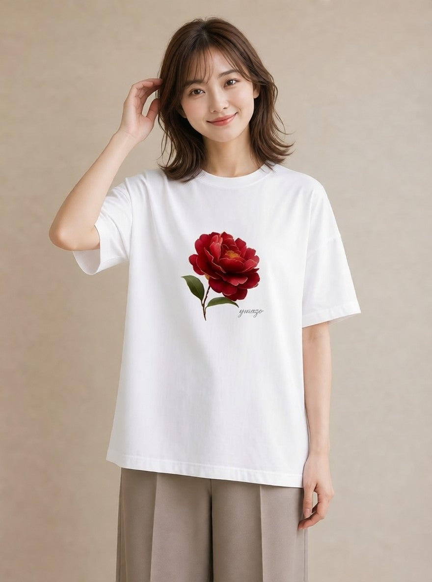 半袖Tシャツ レディース 椿 花 花柄 イラスト ユニーク 女性 旅行用 白T
