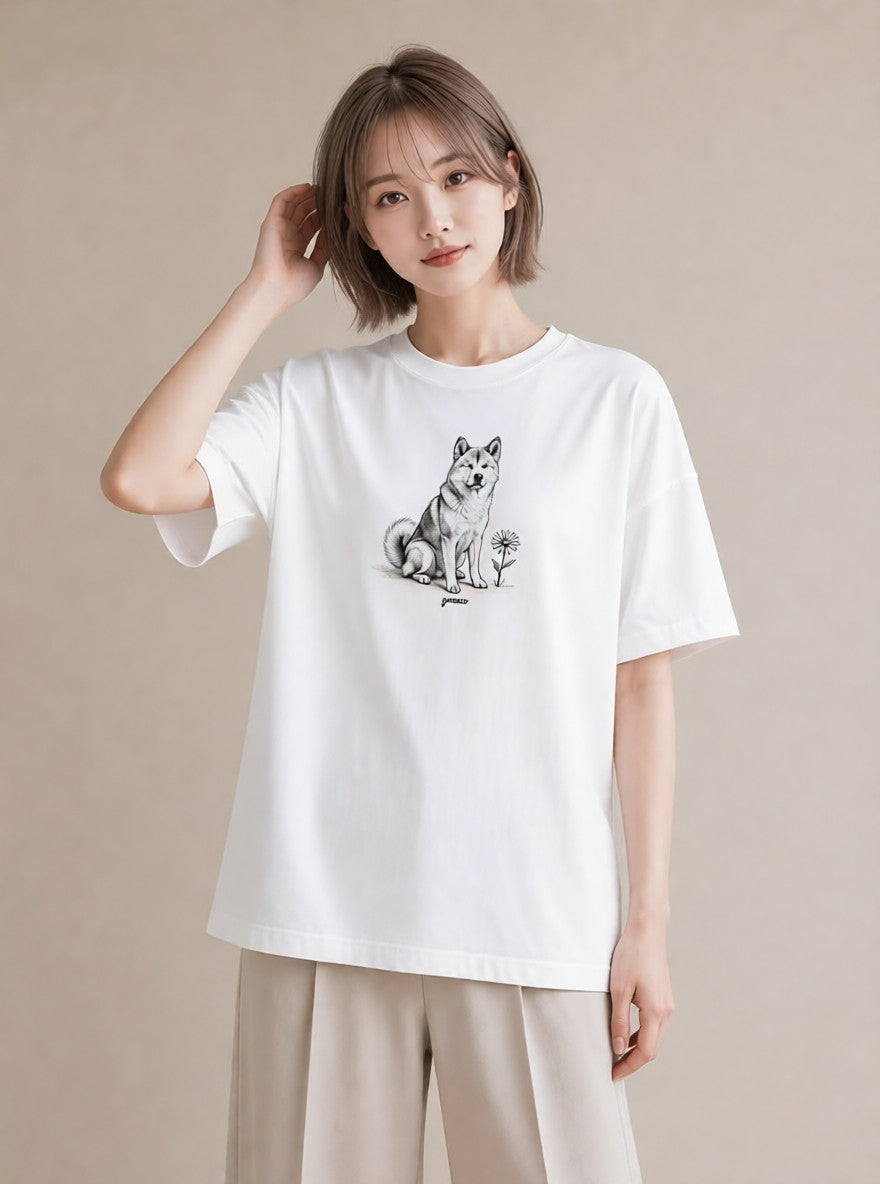 半袖Tシャツ レディース 秋田犬 犬 いぬ イラスト こなれ感 自分用 ルームウェア 白T YMAZO