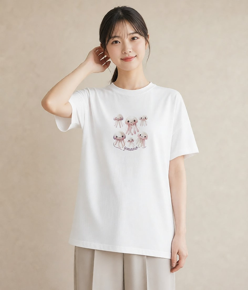 Tシャツ レディース くらげ クラゲ 海の生き物 海 イラスト きれいめカジュアル 公園 ママ 白T YMAZO