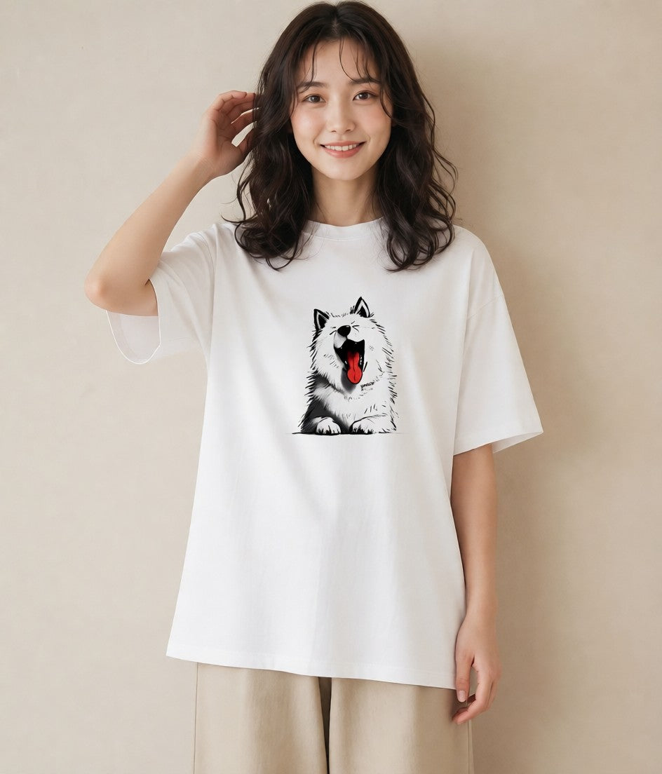 デザインTシャツ レディース サモエド 犬 いぬ イラスト カジュアル ホワイトデー 春服 白T YMAZO