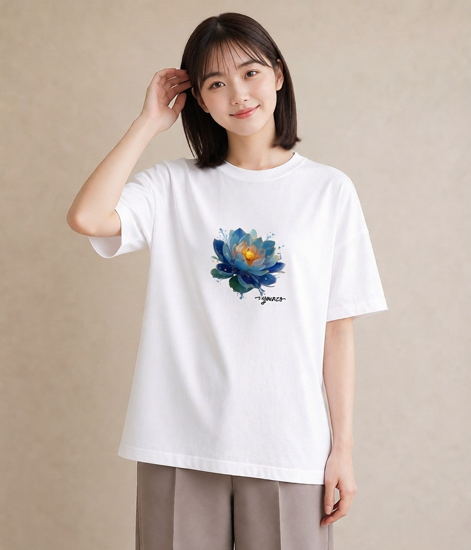 Tシャツ レディース 蓮 花 花柄 イラスト レトロ 休日 ペアコーデ 白T YMAZO
