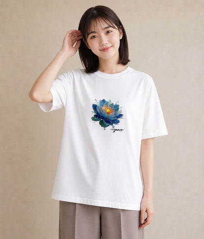 Tシャツ レディース 蓮 花 花柄 イラスト レトロ 休日 ペアコーデ 白T YMAZO