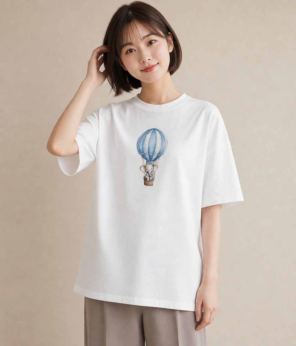 プリントTシャツ レディース 気球 星空 宇宙 イラスト 普段使い 女性 旅行用 白T YMAZO
