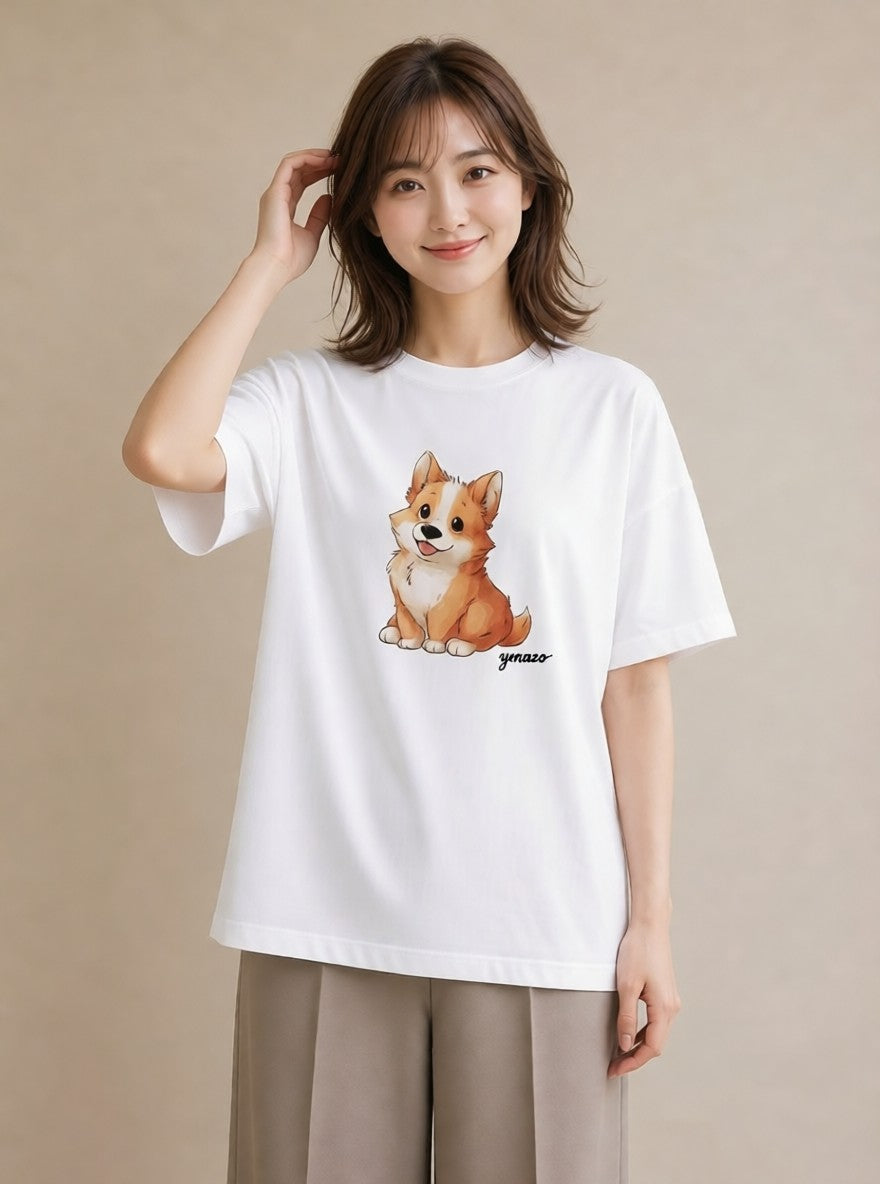 Tシャツ レディース ウェルシュコーギー コーギー 犬 いぬ イラスト シンプル デイリーウェア 休日 白T YMAZO