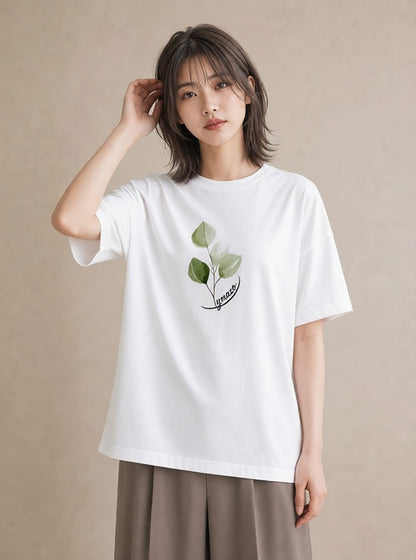 グラフィックTシャツ レディース 葉っぱ 植物 ボタニカル イラスト 普段使い 海 カフェ巡り 白T YMAZO