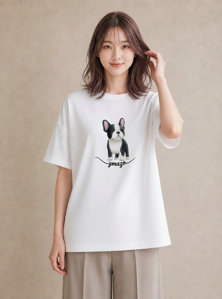デザインTシャツ レディース 犬 いぬ イラスト 旅行コーデ 公園 ママ 白T YMAZO