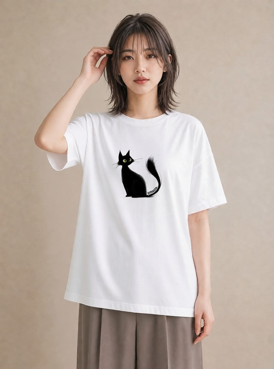 Tシャツ レディース 黒猫 猫 ねこ イラスト 上品 週末コーデ 敬老の日 白T YMAZO