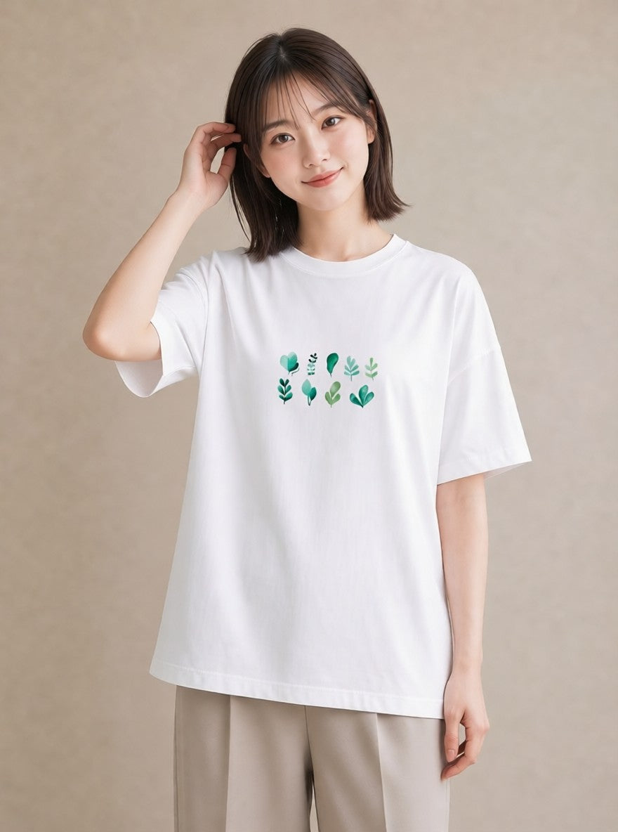 半袖Tシャツ レディース シダ 植物 ボタニカル イラスト カフェコーデ ラフ レイヤード 白T YMAZO