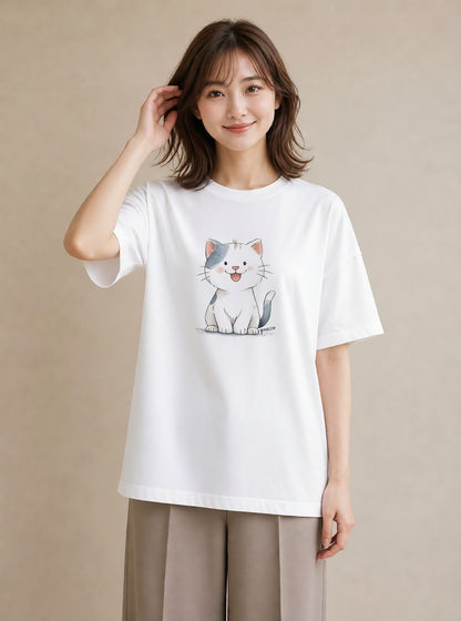 Tシャツ レディース ねこ 猫 ネコ イラスト きれいめ 20代 カジュアルコーデ 白T YMAZO