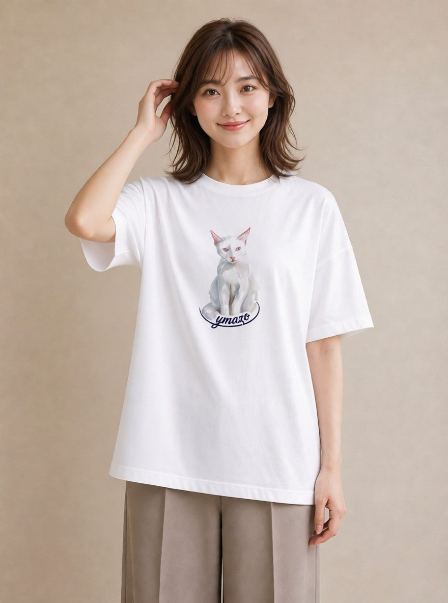 プリントTシャツ レディース 肉球 猫 ねこ イラスト こなれ感 ビーチ デイリーウェア 白T YMAZO