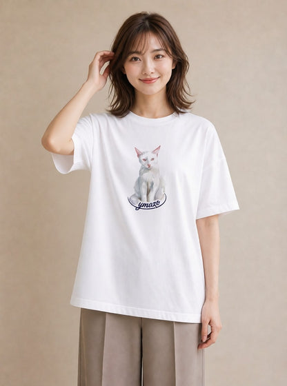 プリントTシャツ レディース 肉球 猫 ねこ イラスト こなれ感 ビーチ デイリーウェア 白T YMAZO