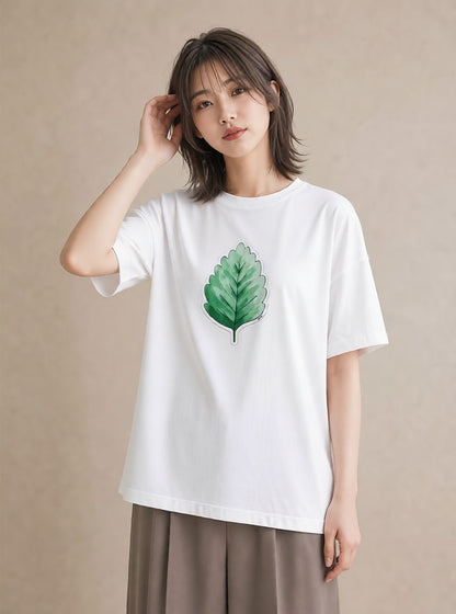 グラフィックTシャツ レディース 落ち葉 植物 ボタニカル イラスト シック 20代 カジュアルコーデ 白T YMAZO