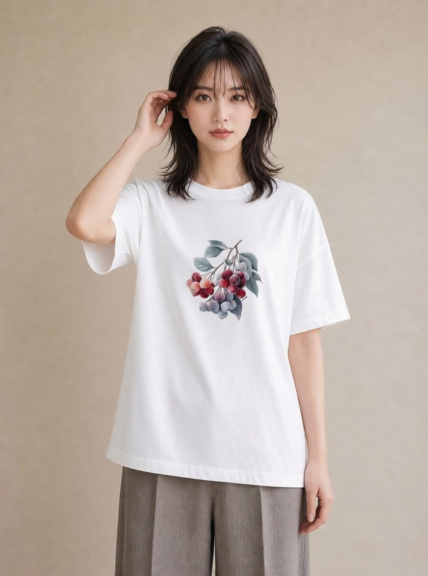 プリントTシャツ レディース さくらんぼ チェリー 食べ物 フード イラスト きれいめカジュアル 自分用 ルームウェア 白T YMAZO
