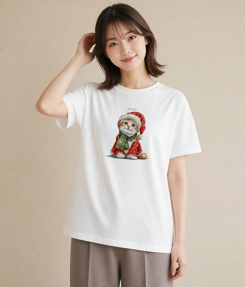 半袖Tシャツ レディース スコティッシュフォールド 猫 ねこ イラスト 線画 親子 20代 白T YMAZO