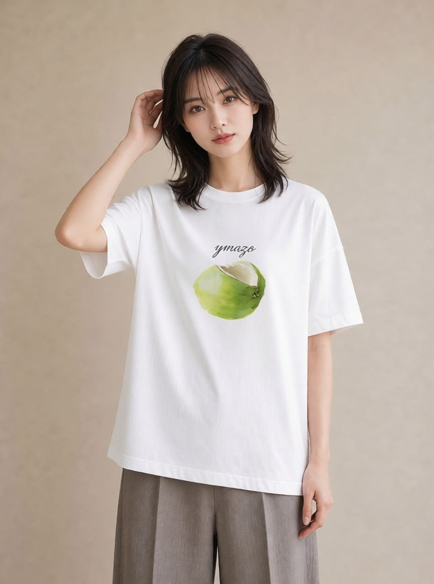 半袖Tシャツ レディース りんご 林檎 アップル 食べ物 フード イラスト 普段使い 旅行用 海 白T YMAZO