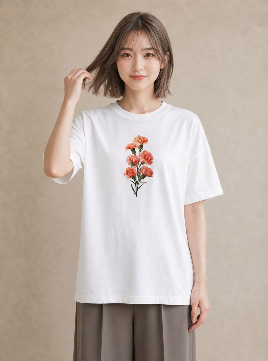 グラフィックTシャツ レディース カーネーション 花 花柄 イラスト 個性的 帰省 ラフ 白T YMAZO