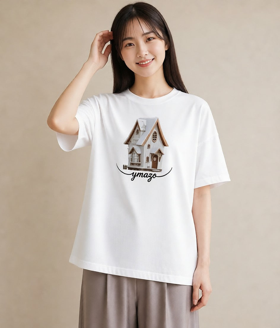 プリントTシャツ レディース 灯りの家 小屋 夜 ナチュラル アンティーク イラスト ガーリー ペアコーデ 秋コーデ 白T YMAZO