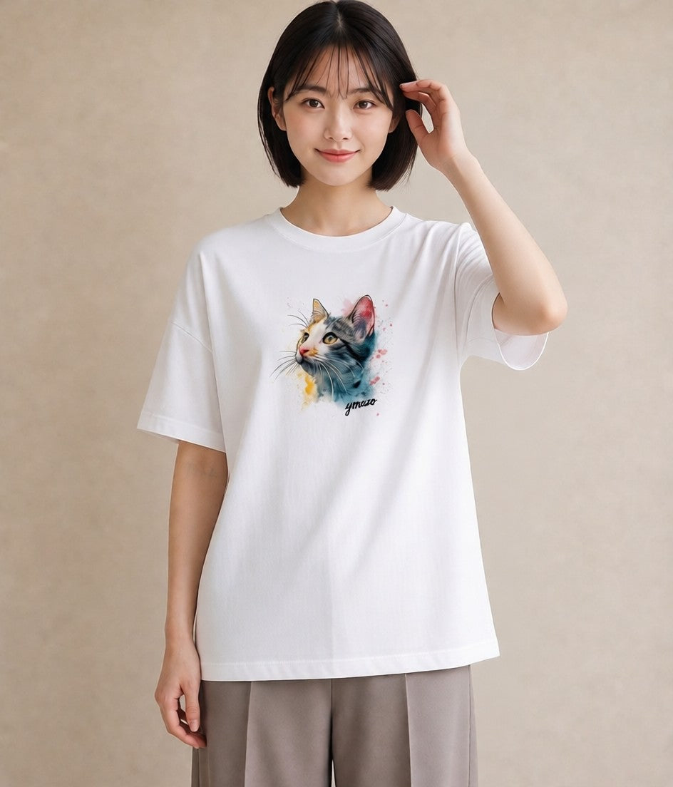 デザインTシャツ レディース アメリカンショートヘア 猫 ねこ イラスト ミセス 春コーデ 白T YMAZO