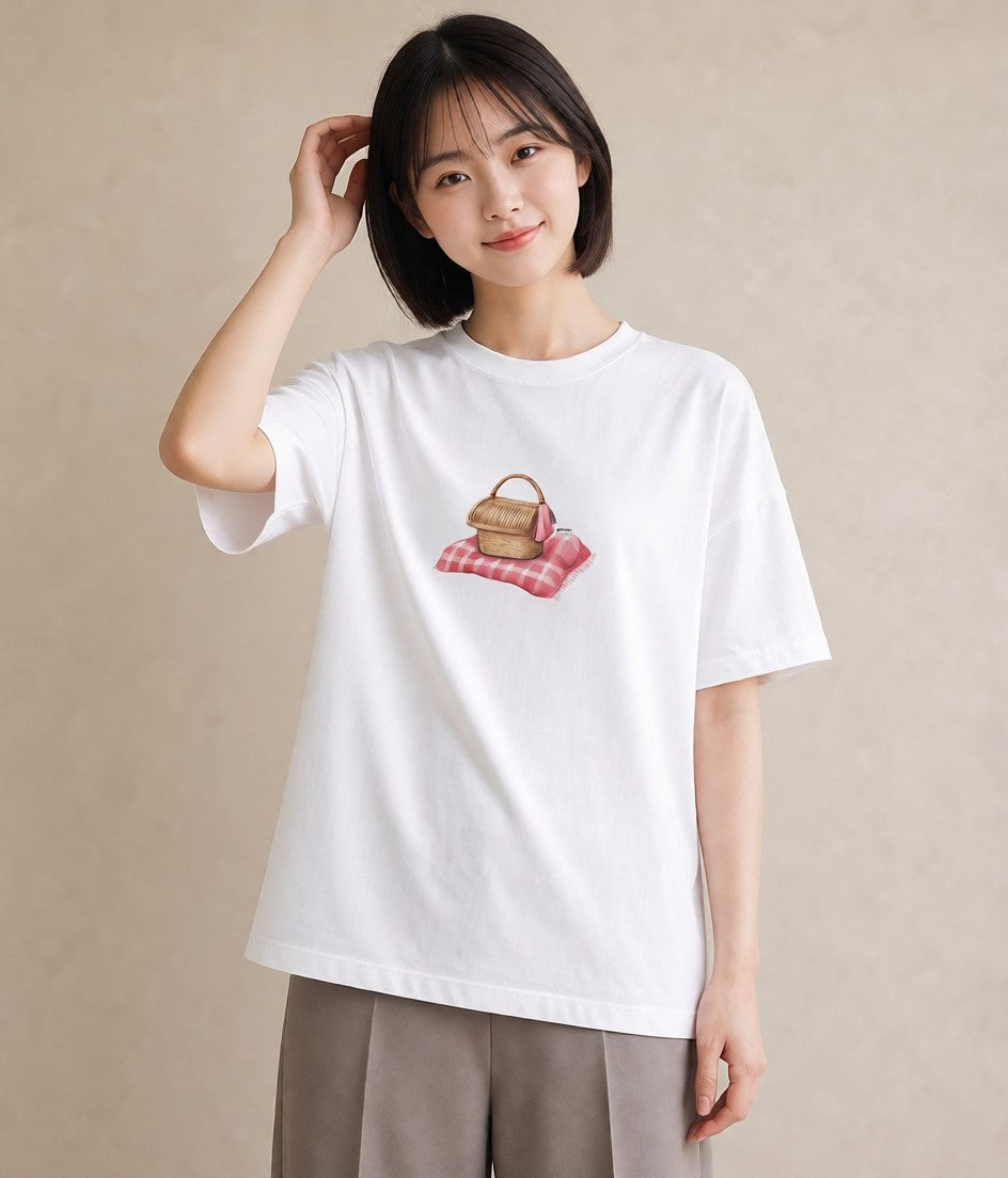 プリントTシャツ レディース 自転車のかご 自転車 花かご ナチュラル アンティーク イラスト ラフ 休日 ペアコーデ 白T YMAZO
