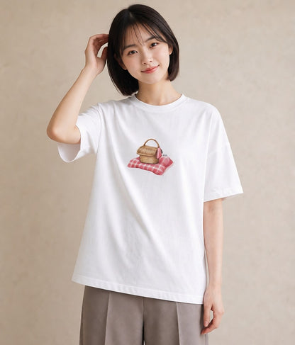 プリントTシャツ レディース 自転車のかご 自転車 花かご ナチュラル アンティーク イラスト ラフ 休日 ペアコーデ 白T YMAZO