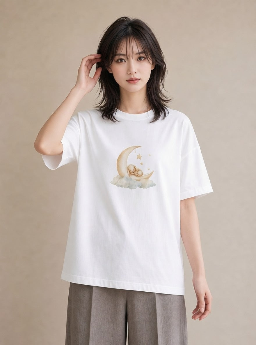 グラフィックTシャツ レディース 月 星空 宇宙 イラスト シック 帰省 ラフ 白T YMAZO