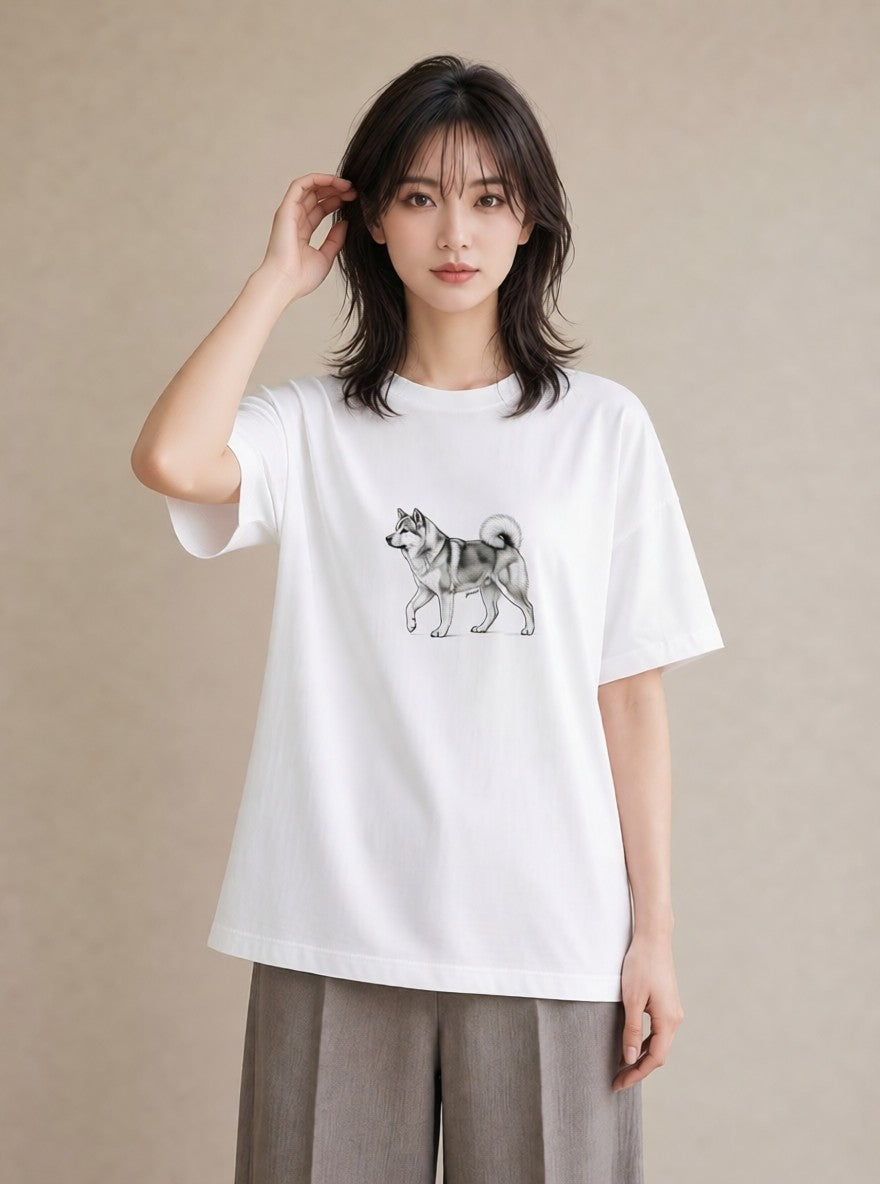 半袖Tシャツ レディース 秋田犬 犬 いぬ イラスト 韓国風 散歩 お出かけ 白T YMAZO