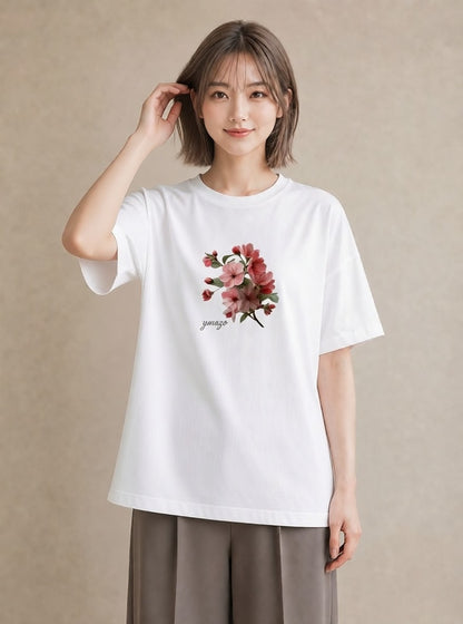 半袖Tシャツ レディース 梅 花 花柄 イラスト ボタニカル 帰省 ラフ 白T