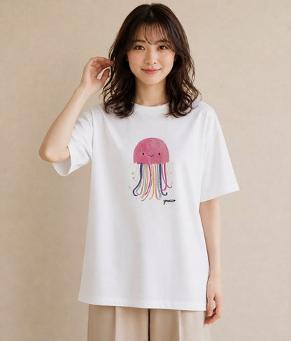 デザインTシャツ レディース くらげ クラゲ 海の生き物 海 イラスト 普段使い ミセス 春コーデ 白T YMAZO
