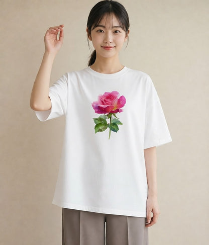 Tシャツ レディース バラ 薔薇 ローズ 花 花柄 イラスト ラフ 送別ギフト 通勤 白T YMAZO