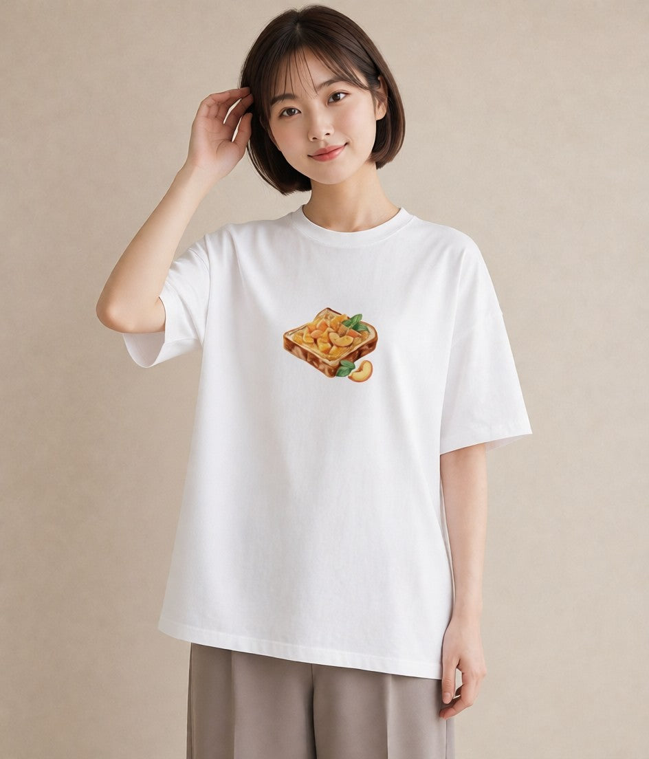 プリントTシャツ レディース もも 食べ物 フード イラスト ヴィンテージ風 お出かけ 普段着 白T YMAZO