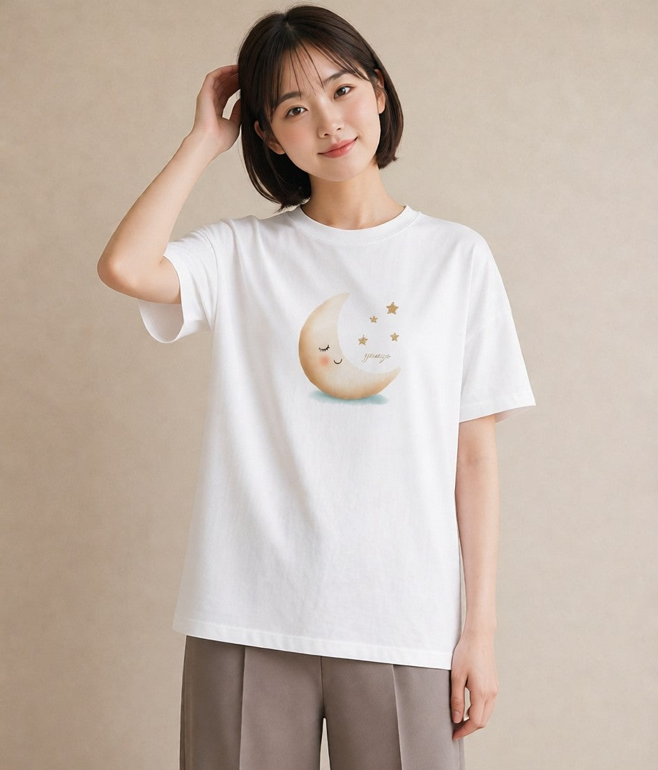 半袖Tシャツ レディース 三日月 星空 宇宙 イラスト モード 夏コーデ 通学 白T YMAZO