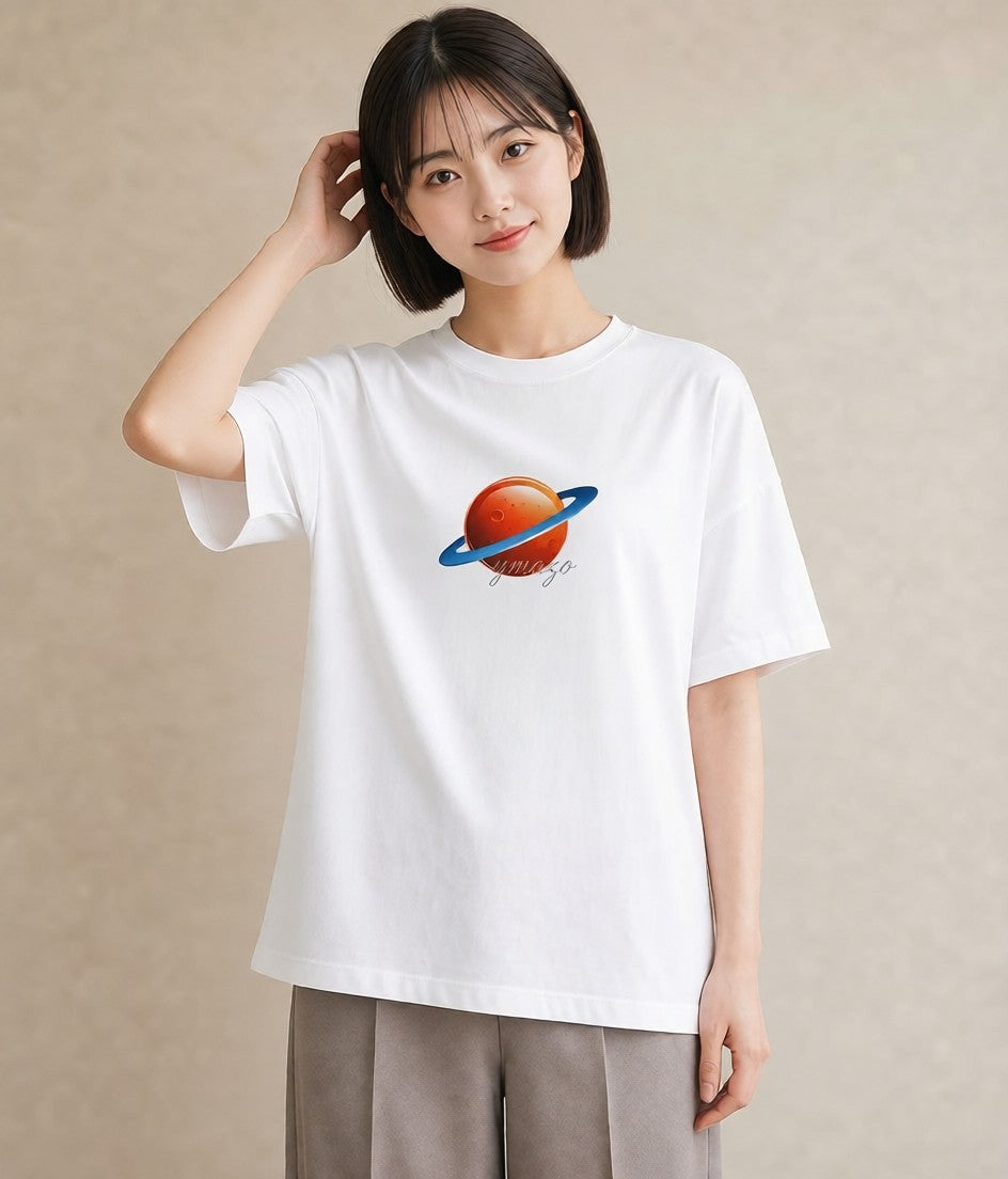プリントTシャツ レディース 土星 星空 宇宙 イラスト ヴィンテージ風 在宅 公園 白T YMAZO