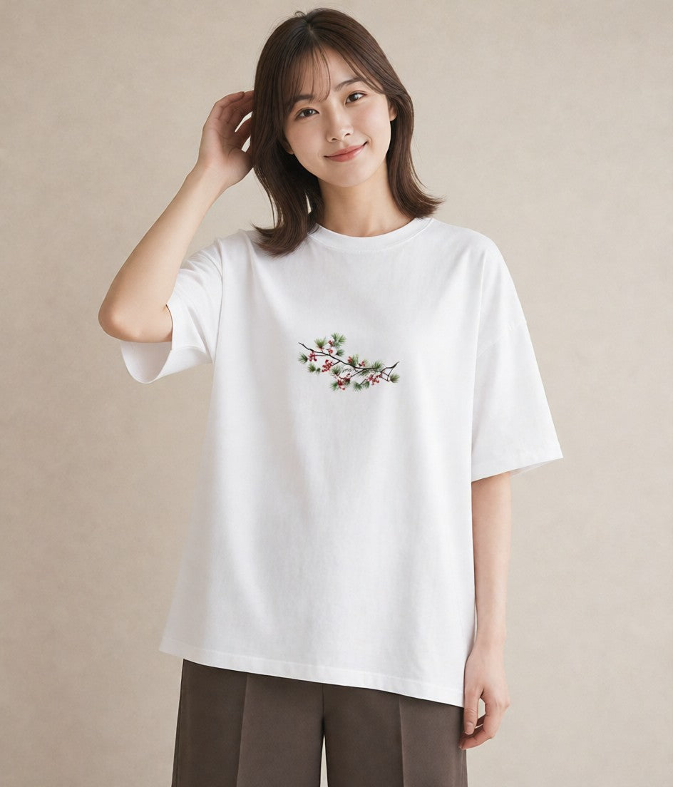 グラフィックTシャツ レディース 松ぼっくり 植物 ボタニカル イラスト きれいめ 母娘コーデ 自分用 白T YMAZO