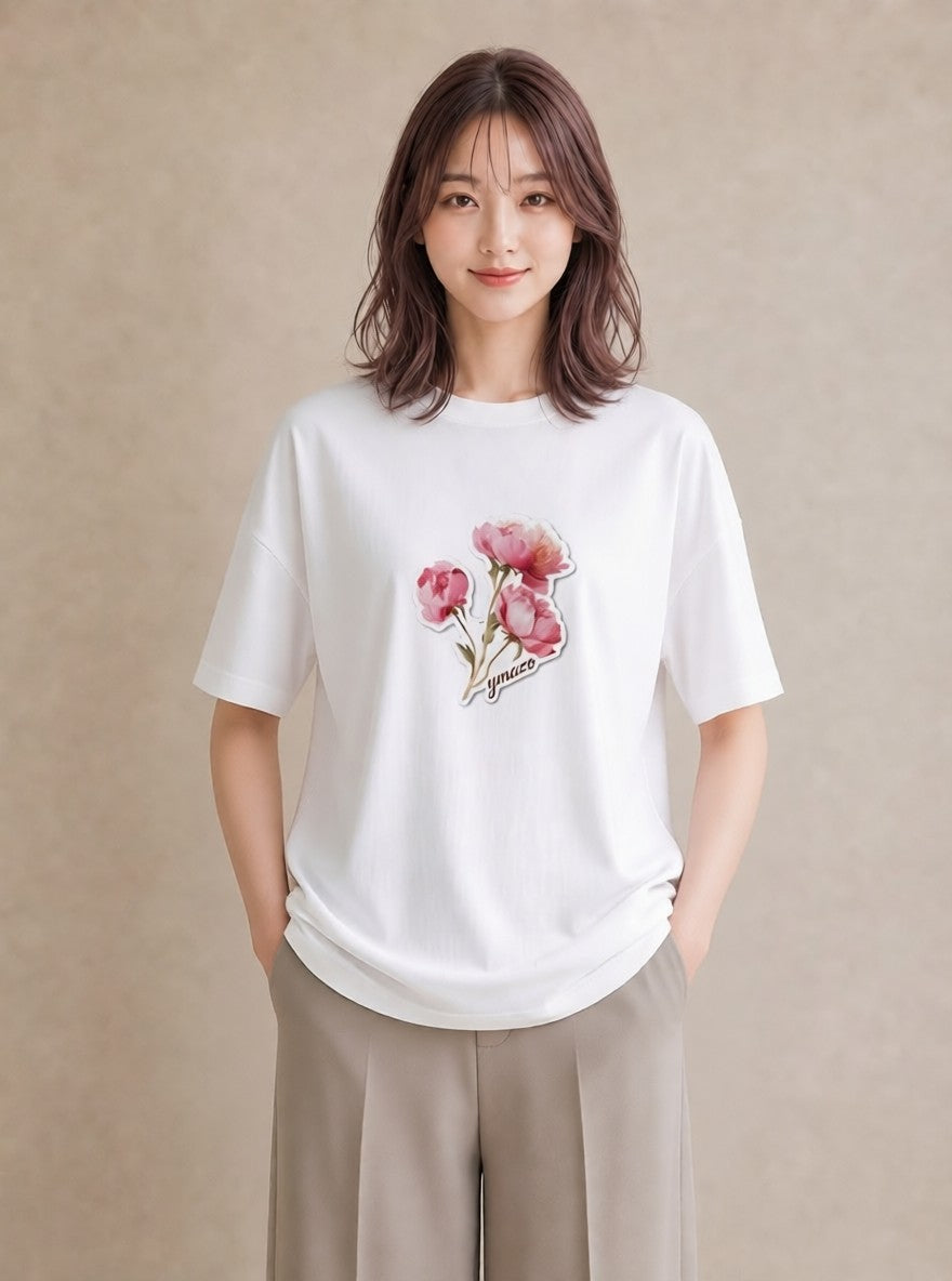 半袖Tシャツ レディース パンジー 花 花柄 イラスト 休日コーデ ビーチ デイリーウェア 白T
