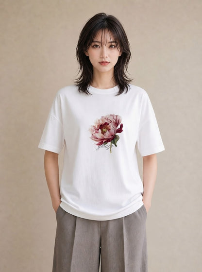 半袖Tシャツ レディース 牡丹 花 花柄 イラスト ゆるコーデ デイリーウェア 休日 白T