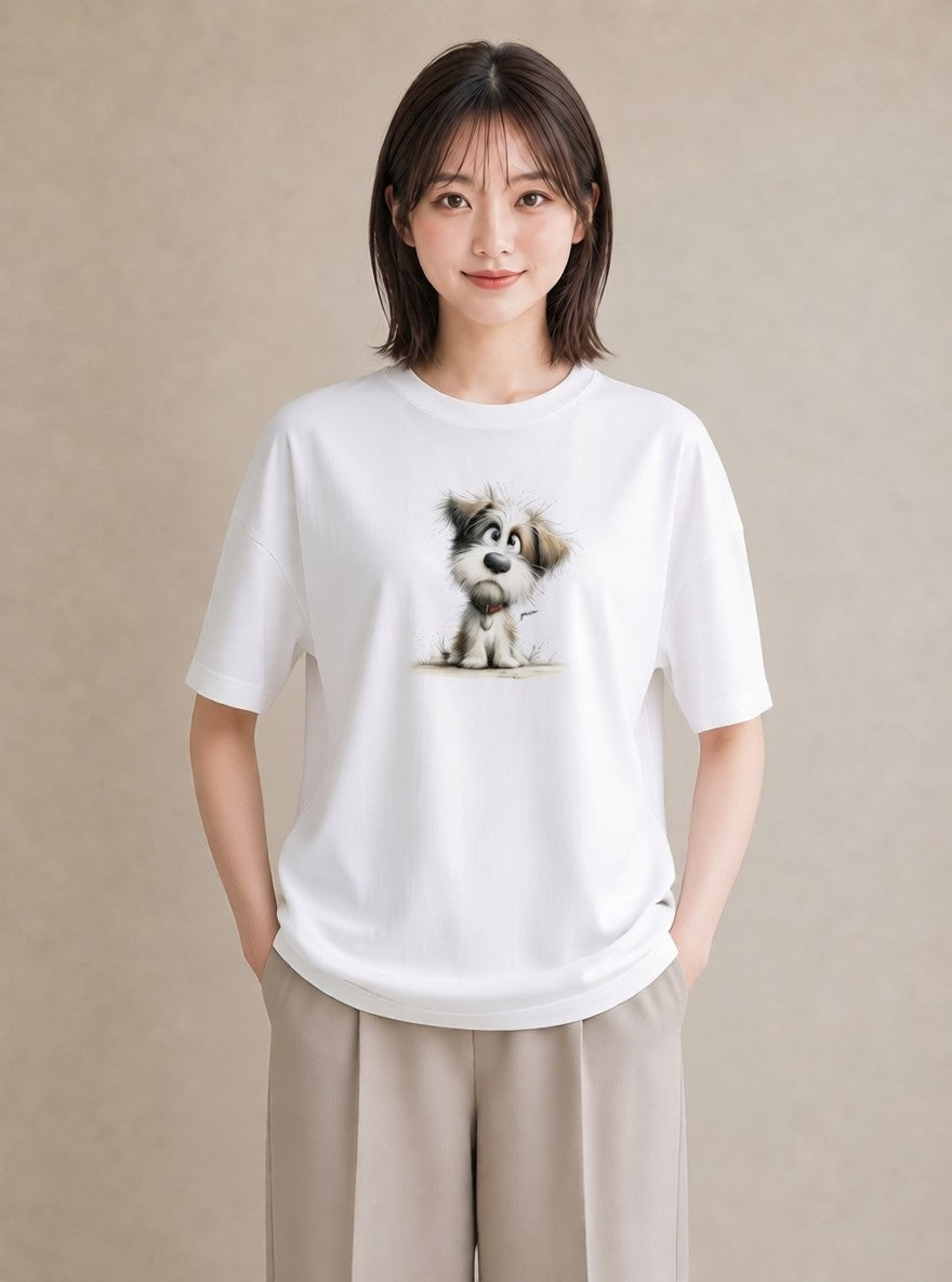 グラフィックTシャツ レディース わんちゃん 犬 いぬ イラスト 手描き風 海 カフェ巡り 白T YMAZO